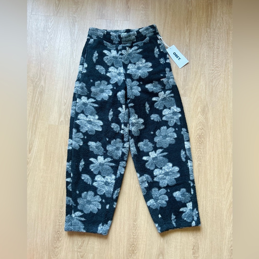 Obey Fleece Floral Pants - Black and Gray NWT